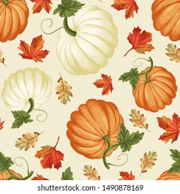 Autumn pumpkins with cream background pattern. Maple leaves. Perfect for fall, Thanksgiving, holidays, fabric, textile. Seamless repeat swatch.