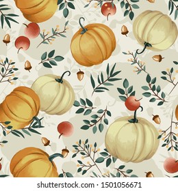 Autumn pumpkins with cream background pattern. Leaves, apples, acorns ditsy. Perfect for fall, Thanksgiving, holidays, fabric, textile. Separate elements, separate background. Seamless repeat swatch.