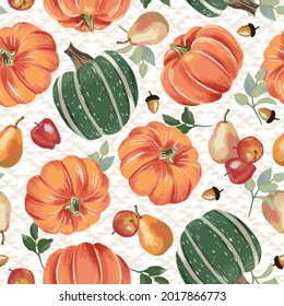 Autumn pumpkins with cream background pattern. Leaves, apples, pear, acorn ditsy. Perfect for fall, Thanksgiving, holidays, fabric, textile. Seamless repeat swatch.