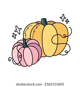 Autumn pumpkins cute hand drawn illustration. Adorable kawaii double composition. Vector cartoon flat clipart for seasonal greeting cards, clothing prints, stickers, packaging.