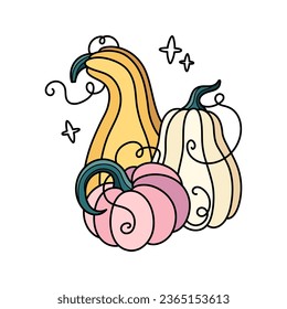 Autumn pumpkins cute hand drawn illustration. Adorable kawaii triple composition. Vector cartoon flat clipart for seasonal greeting cards, clothing prints, stickers, packaging.