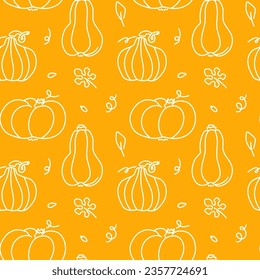 Autumn Pumpkins Doodle Seamless Pattern. Outline leaves and pupmkins harvest on bright yellow background. Hand drawn print design for thanksgiving decor, wrapping paper, wallpapers and kitchen textile