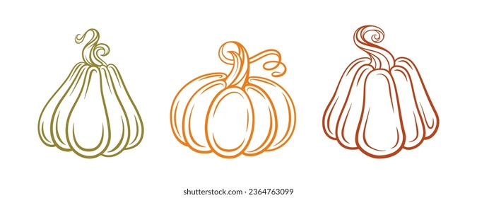 Autumn pumpkins doodles set. Vector line art illustration.