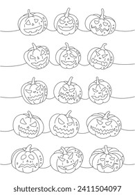Caras de calabazas otoñales. Calabazas con caras de miedo, una línea de dibujo continuo. Las verduras de halloween del otoño son una ilustración continua de una línea.