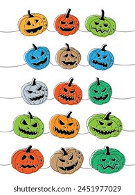 Caras de calabazas de otoño. Calabazas con caras de miedo una línea de dibujo continuo de color. Ilustración continua de una línea de verduras de halloween de otoño.