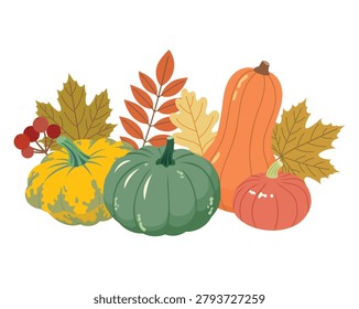 Autumn pumpkins and fall leaves composition. Harvest season decorative elements with squash, maple leaves and rowan berries