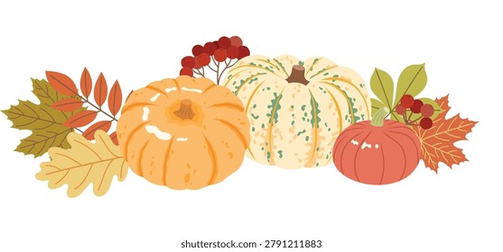 Autumn pumpkins and fall leaves horizontal composition. Harvest season decorative elements with squash, maple leaves and red rowan berries