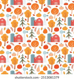 Patrón sin fisuras de la granja de calabazas del otoño. Paisaje rural de otoño sobre fondo blanco. Temporada de cosecha Ilustración vectorial