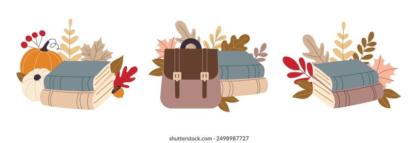 Autumn pumpkins and forest leaves and berries isolated on white background set. Seasonal harvest design for greeting cards, web or poster