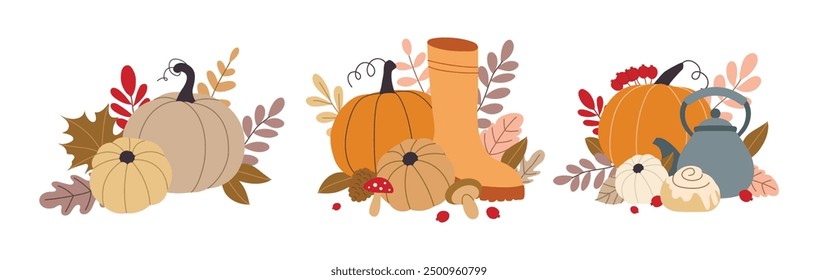 Autumn pumpkins and forest leaves and berries isolated on white background set. Seasonal harvest design for greeting cards, web or poster