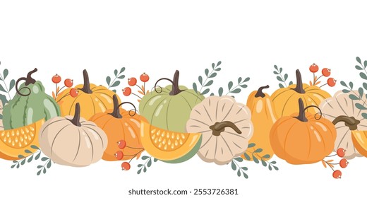 Autumn pumpkins and forest leaves and berries horizontal seamless border. Seasonal fall banner design for greeting. Illustration