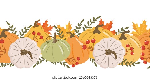 Autumn pumpkins and forest leaves and berries horizontal seamless border. Seasonal fall banner design for greeting. Illustration