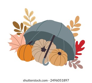 Autumn pumpkins, forest leaves, umbrella isolated on white background. Seasonal harvest design for greeting cards, web or poster