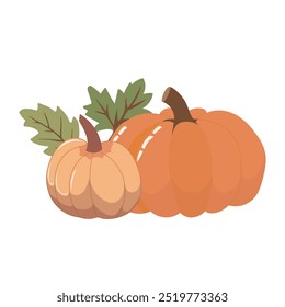 Autumn pumpkins with green leaves. Harvest, fall decor, Thanksgiving or Halloween illustration