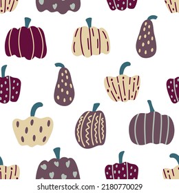 Autumn pumpkins hand drawn seamless pattern. Background with autumn decorated vegetables. Colorful fall print. Continuous template for textile, packaging and design vector illustration
