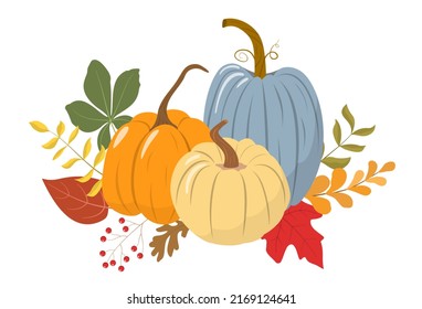 Autumn pumpkins and leaves arrangement. Fall harvest festival invitation, postcard, or banner. Happy Thanksgiving poster. Isolated on white background. Vector illustration.