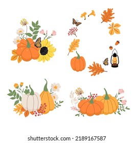 Autumn pumpkins and leaves arrangement set Isolated on white background. Perfect for Fall harvest festival  Thanksgiving postcard or banner. Vector illustration.