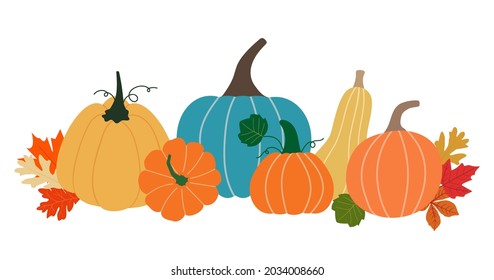 Autumn pumpkins and leaves composition. Isolated on white background. Vector illustration.