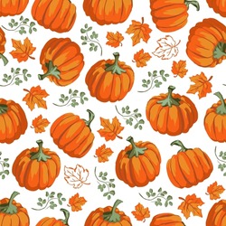 Herbstkürbis Und Blätter Auf Weißem Hintergrund. Perfekt Für Herbst, Thanksgiving, Halloween, Feiertage, Stoff, Textilien. Nahtlose Wiederholungsprüfung.
