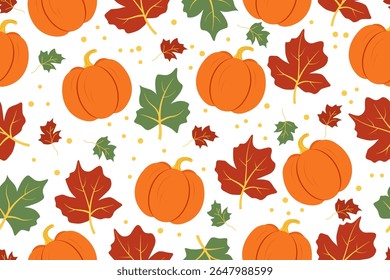 Herbst Kürbisse und Blätter nahtlose Muster. Oktoberernte. Thanksgiving und Halloween. Vektorgrafik für Stoff, Texturen, Tapeten, Poster, Karten und Hintergründe.