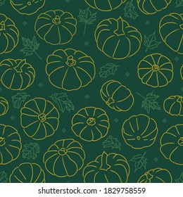 Autumn pumpkins and leaves seamless repeat pattern background. Great for fall themed designs, invitation, fabric, housewares or packaging projects.