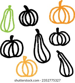 Autumn pumpkins. Line art texture, sketch, outline. Vector set.