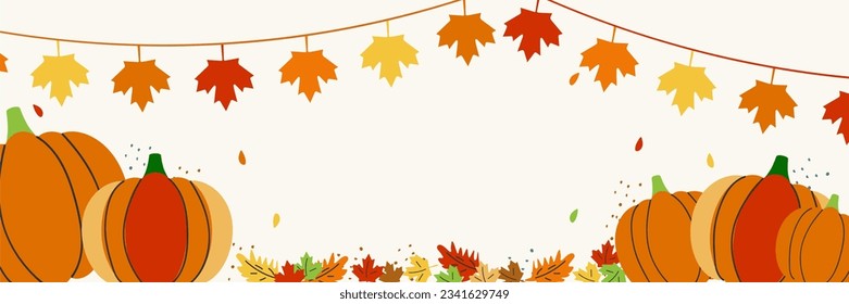 Autumn pumpkins and maple leaves background. Autumn background with stroked elements for thanksgiving day. Vector Illustration