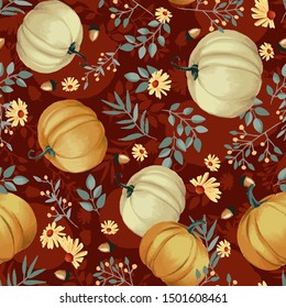 Autumn pumpkins with maroon background pattern. Leaves, sunflowers, flowers ditsy. Perfect for fall, Thanksgiving, holidays, fabric, textile. Seamless repeat swatch.