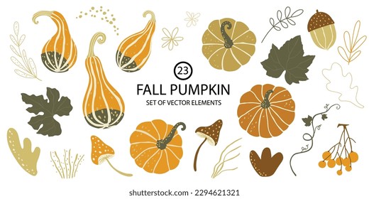 Autumn pumpkins, mushrooms, plants vector illustrations set. Thanksgiving holiday.