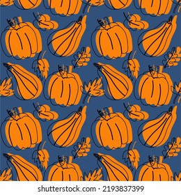 Autumn pumpkins on a blue background, linear drawing. Pumpkins of different shapes, leaves. Ideal for autumn, Thanksgiving, holidays, fabrics, textiles. Seamless repeating pattern.
