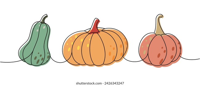 Calabazas de otoño. Calabazas de una línea de color dibujo continuo. Ilustración continua de una línea de verduras de halloween de otoño.