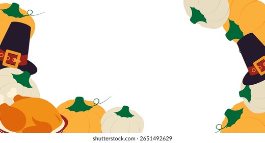 Autumn Pumpkins orange and white Pilgrim Hat and Fried Turkey on Plate Double sided Frame Copy space