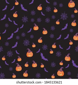 Autumn pumpkins pattern. Happy halloween scary pumpkin faces cartoon seamless background, thanksgiving decorative vector pattern