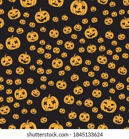 Autumn pumpkins pattern. Happy halloween scary pumpkin faces cartoon seamless background, thanksgiving decorative vector pattern