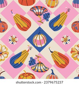Autumn pumpkins with pink and blue diagonal gingham seamless pattern. Perfect for fall holiday, Thanksgiving, Halloween, fabric, textile, wallpaper, poster, cover, wrapping paper, card