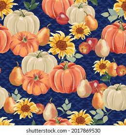Autumn pumpkins and royal blue background pattern  Sunflowers  flowers  apples  pears  gourds  Perfect for fall  Thanksgiving  holidays  fabric  textile  Seamless repeat swatch 