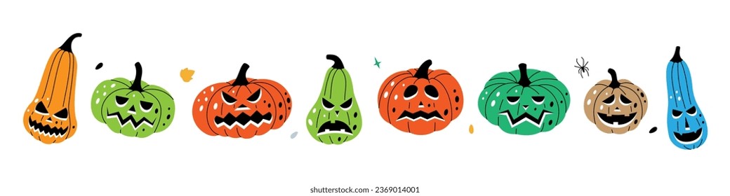 Autumn pumpkins with scary faces. Pumpkins scary faces. Vector illustration. Autumn halloween vegetables.