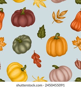 Autumn pumpkins seamless pattern background with leaves, hand made not AI