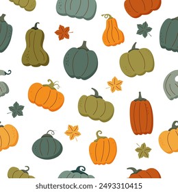 Autumn pumpkins seamless pattern. Pumpkins background. Autumn, harvest, Thanksgiving and Halloween concept.