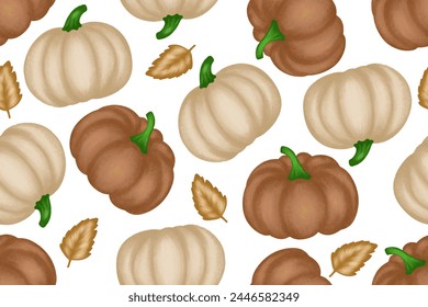 Herbstkürbisse nahtloses Muster, beige und braune Farbe isoliert auf weißem Hintergrund mit Blättern