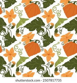 Autumn Pumpkins Seamless pattern. Harvest ornament. Hand drawn pumpkins in cartoon style. Flat background of pumpkins, squash and seeds. Autumn texture for thanksgiving, Harvest and Halloween.