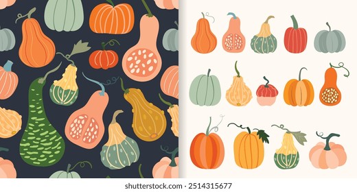 Autumn pumpkins set with seamless pattern and a collection with different colorful pumpkins