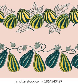 Autumn Pumpkins and Squash Vector Seamless Horizontal Borders Set