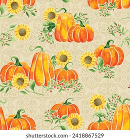 Autumn pumpkins with teal background pattern. Maple leaves, sunflowers, flowers ditsy. Perfect for fall, Thanksgiving, holidays, fabric, textile. Seamless repeat swatch.