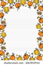 Autumn pumpkins Thanksgivin stationery template with lined 