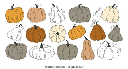 Autumn pumpkins in various forms and shapes colored and black-and-white hand drawn sketches isolated set. October halloween party and thanksgiving fall holiday squash vegetables vector illustration