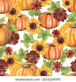 Autumn pumpkins with white background pattern. Squash leaves, sunflowers, flowers ditsy. Perfect for fall, Thanksgiving, holidays, fabric, textile. Seamless repeat swatch.