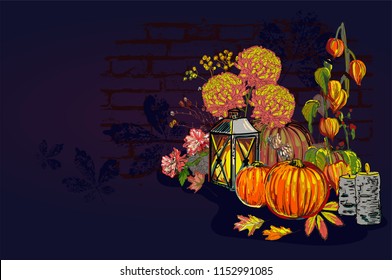 autumn pumplin lamp vector background paint style dark thanksgiving