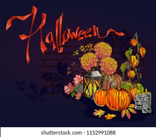 autumn pumplin lamp vector background paint style dark halloween