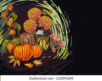 autumn pumplin lamp vector background paint style dark thanksgiving
